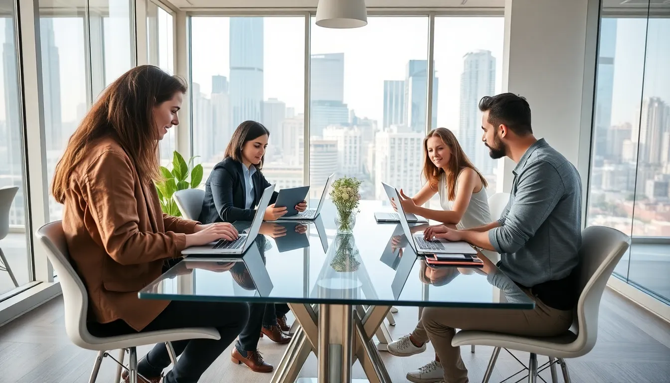 diverse digital nomads working in a modern coworking space.