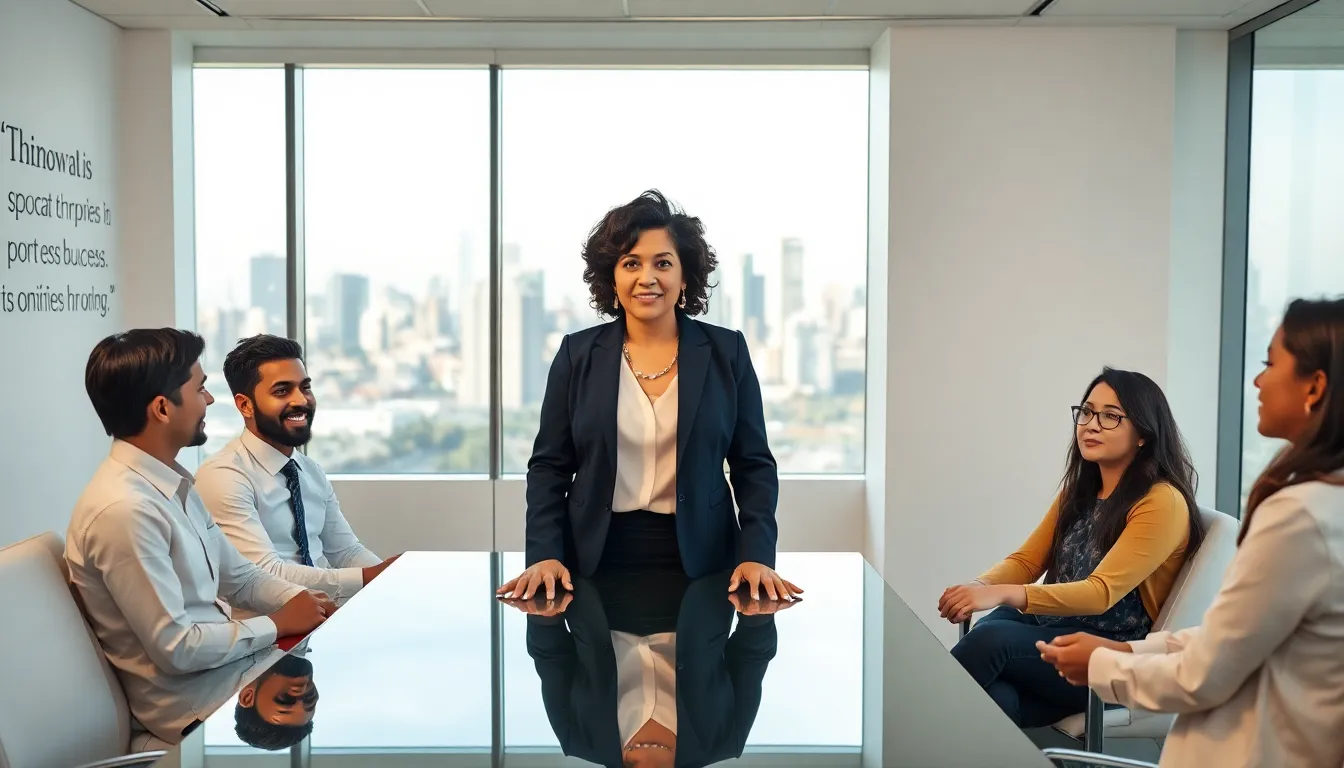 female entrepreneur presenting to a diverse team in a modern office.
