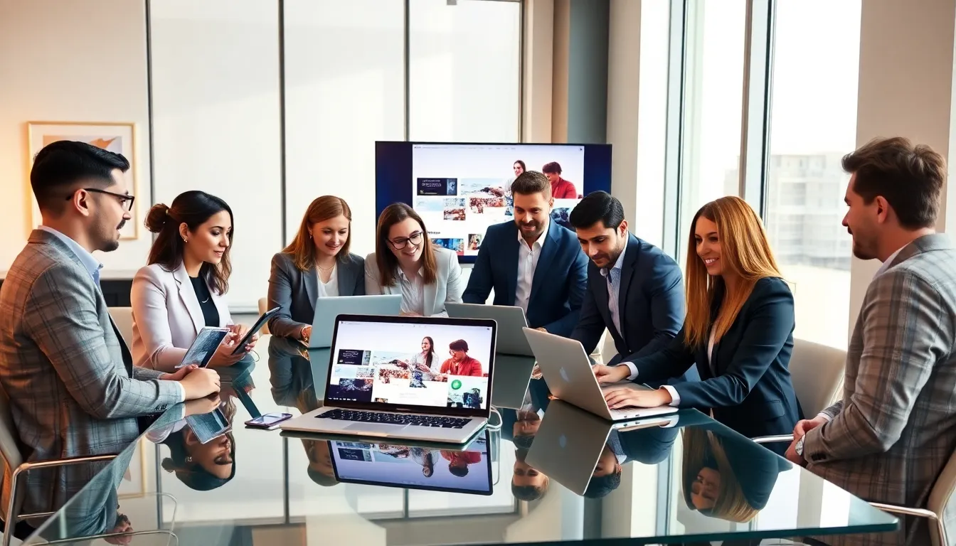 diverse entrepreneurs discussing visual storytelling in a modern office.