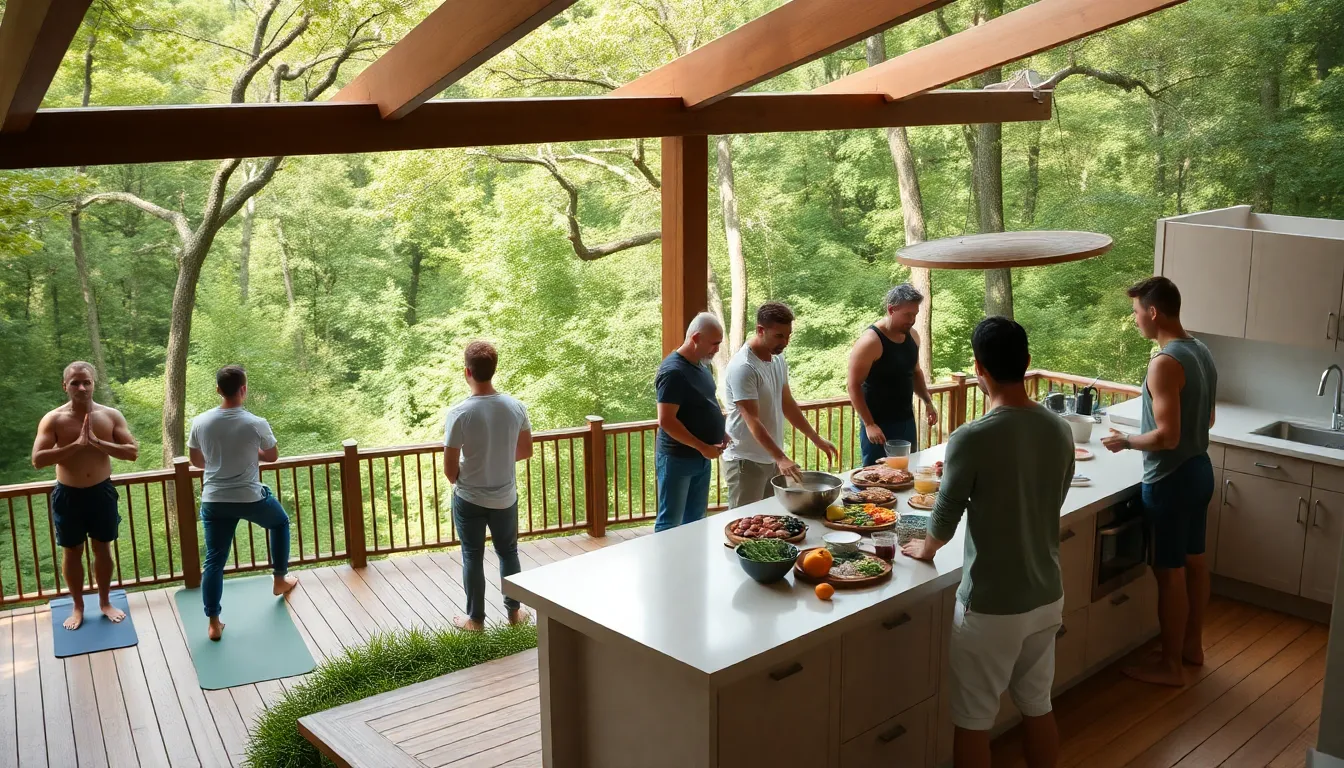 diverse men practicing yoga and cooking at a wellness retreat.