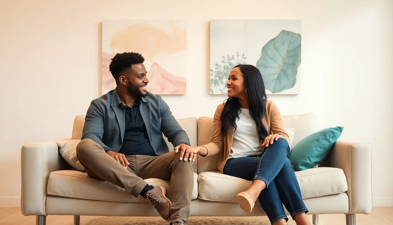 couple discussing sexual wellness in a cozy living room.