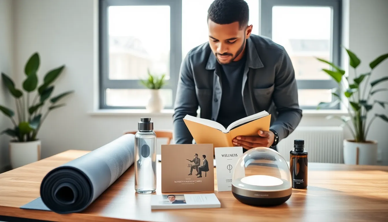 wellness gifts displayed in a modern office setting for men.