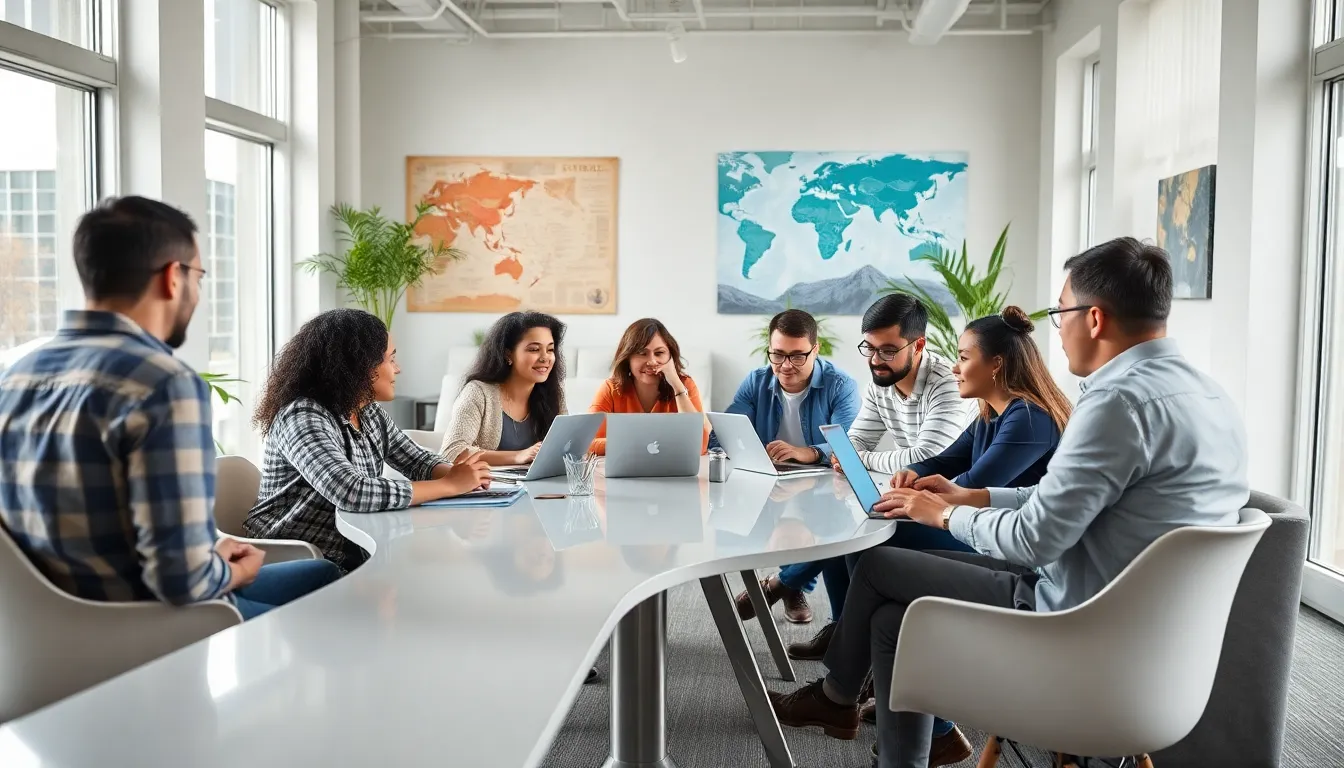 diverse professionals collaborating in a bright co-working space.