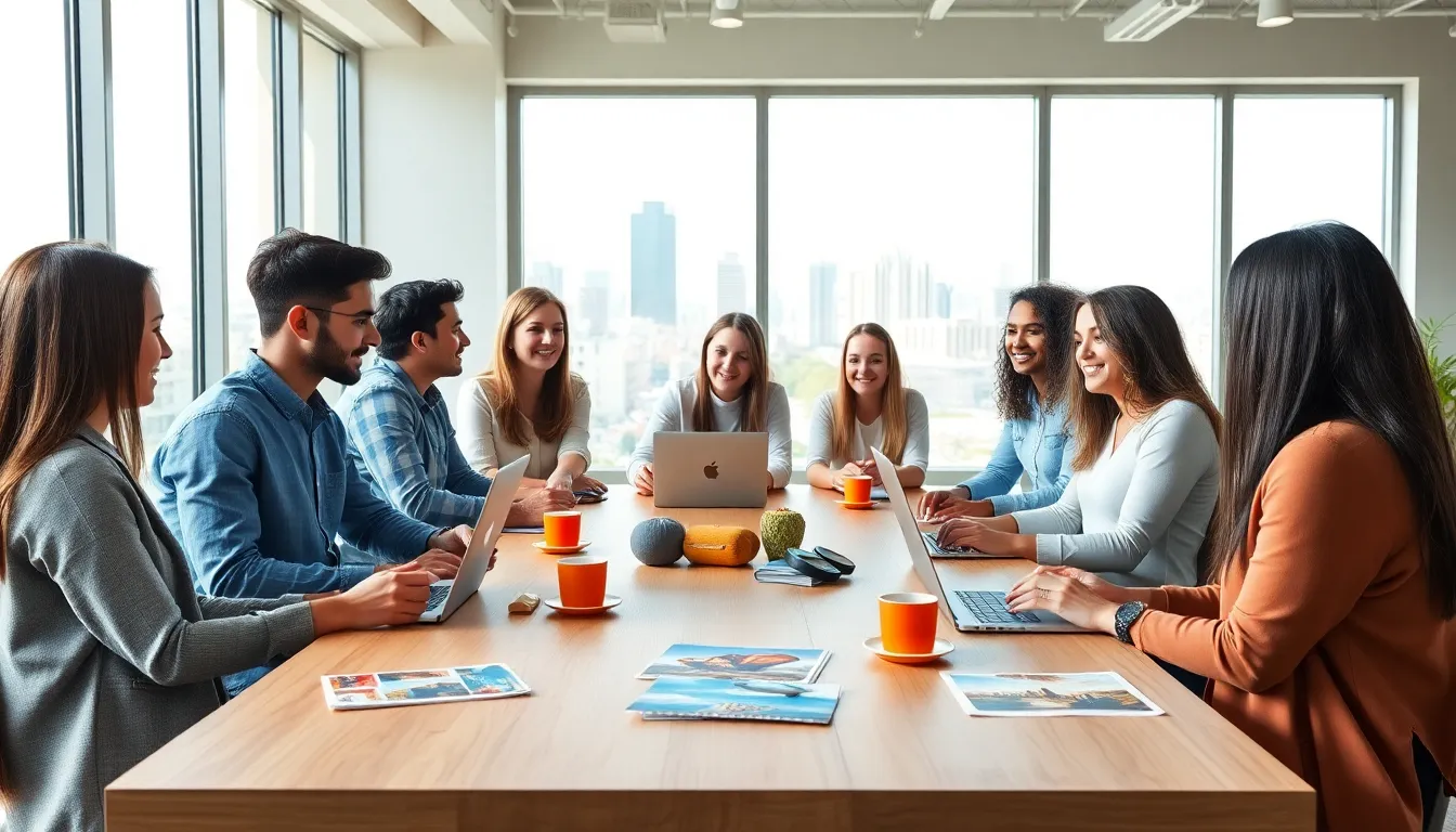 young professionals collaborating in a bright coworking space.