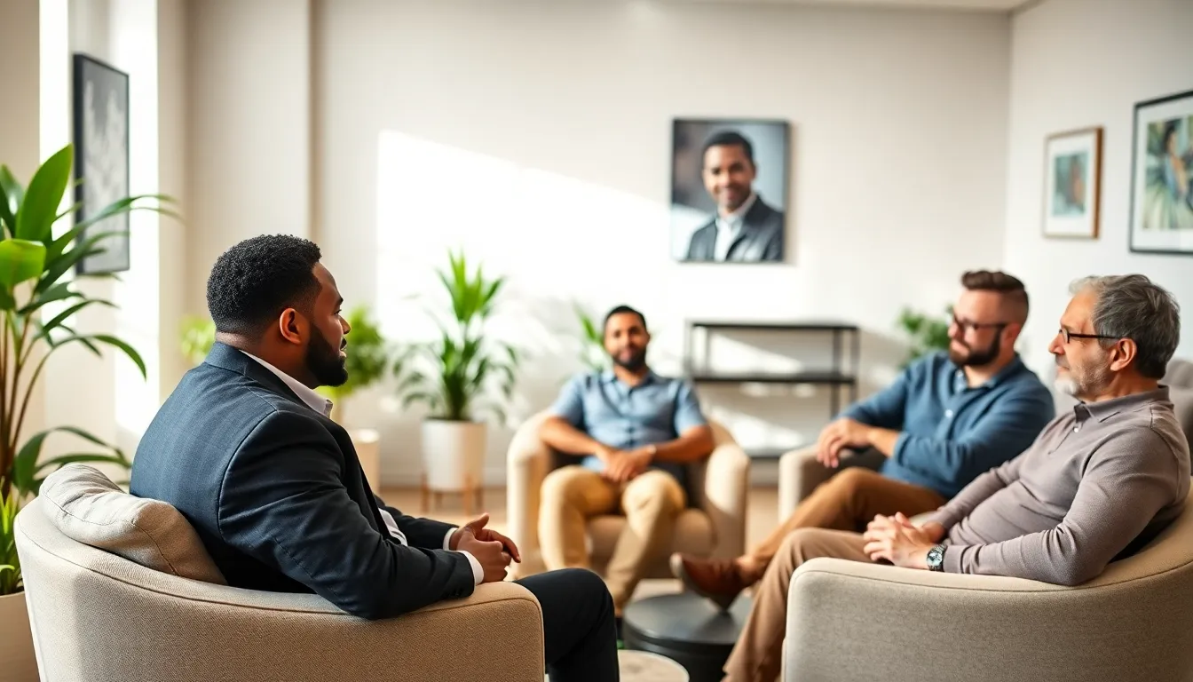 Group of men discussing mental health in a cozy therapy setting.