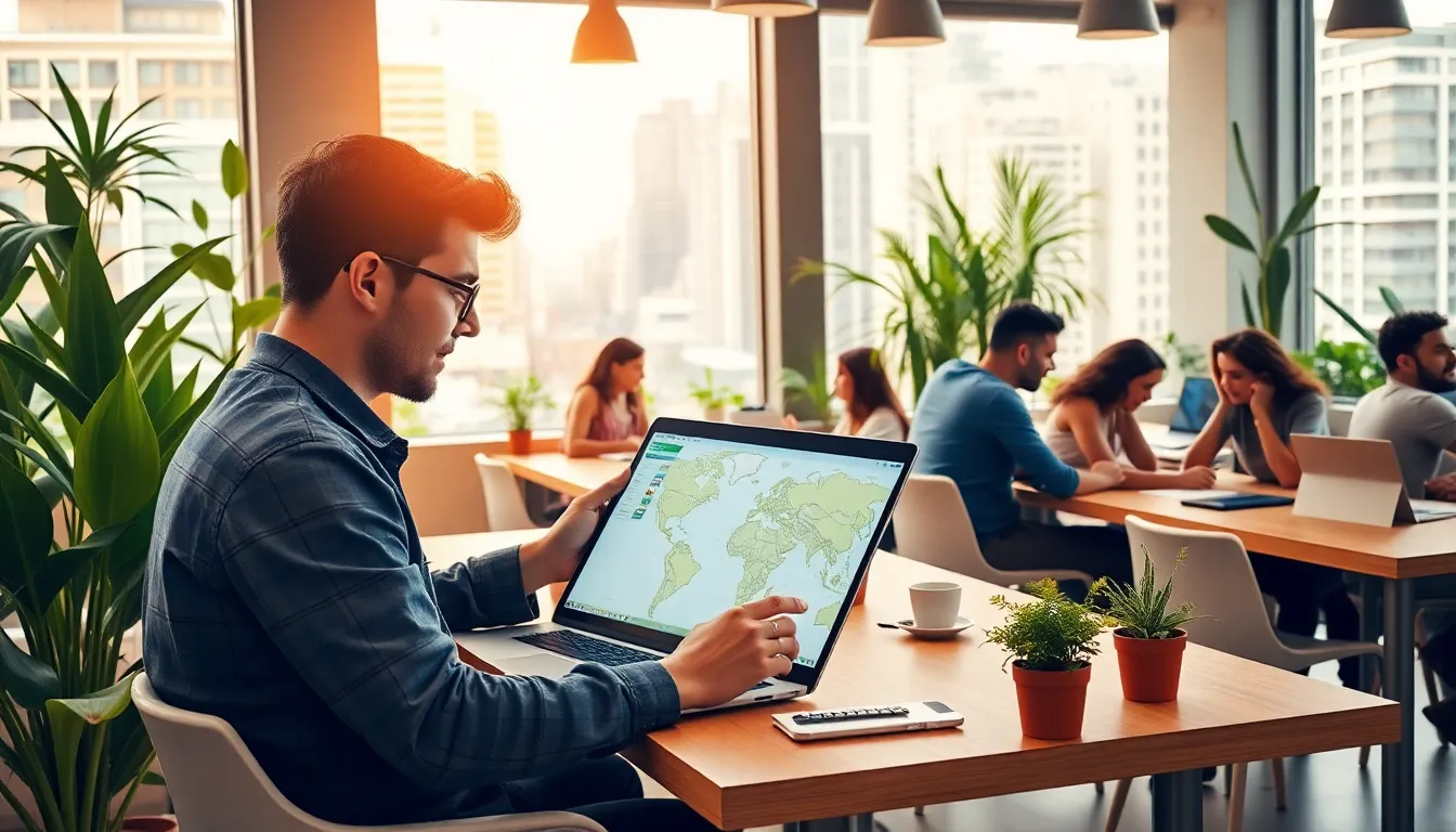 young professional navigating a digital map in a modern co-working space.